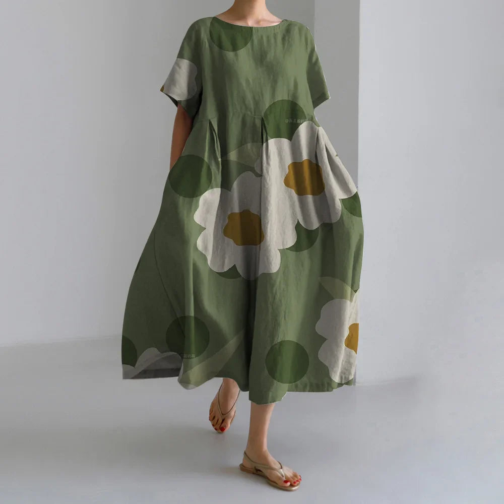 Exquisite 3D Floral Print Short Sleeve Midi Evening Dress