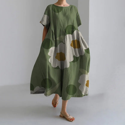 Exquisite 3D Floral Print Short Sleeve Midi Evening Dress