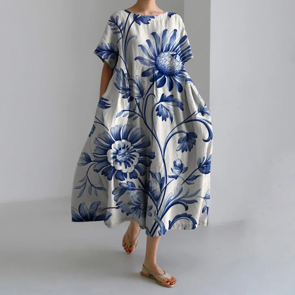 Exquisite 3D Floral Print Short Sleeve Midi Evening Dress