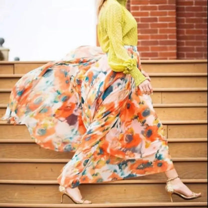 Fashion Boho Chiffon Floral Long High Waist Pleated Skirt
