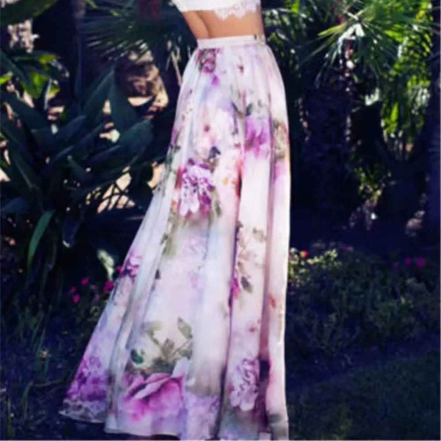Fashion Boho Chiffon Floral Long High Waist Pleated Skirt