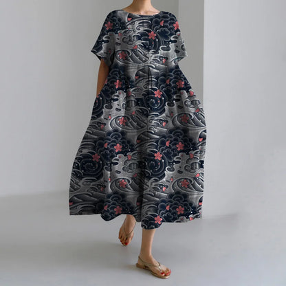 Elegant Autumn Retro Floral Print Round Neck Evening Dress
