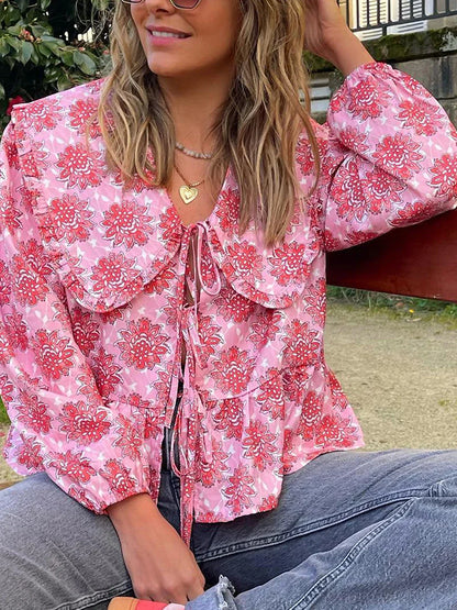 Floral Doll Collar Tie-Up Blouse