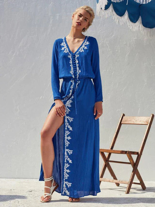 Floral Embroidery Stretch Waist Holiday Maxi Boho Dress