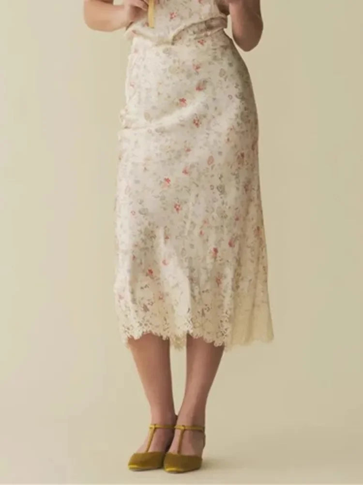 Floral Print Mermaid Lace Splice High Waist Retro Summer Midi Skirt