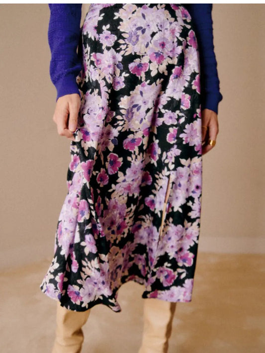Gentle Purple Floral Midi Skirt Winter Female Split Hem High Waist