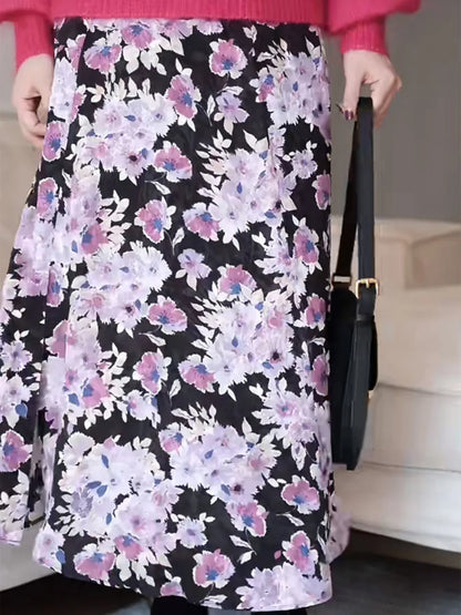Gentle Purple Floral Midi Skirt Winter Female Split Hem High Waist