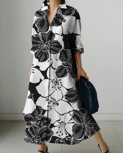 Women's Lapel Long Sleeve Floral Print Shirt Dress