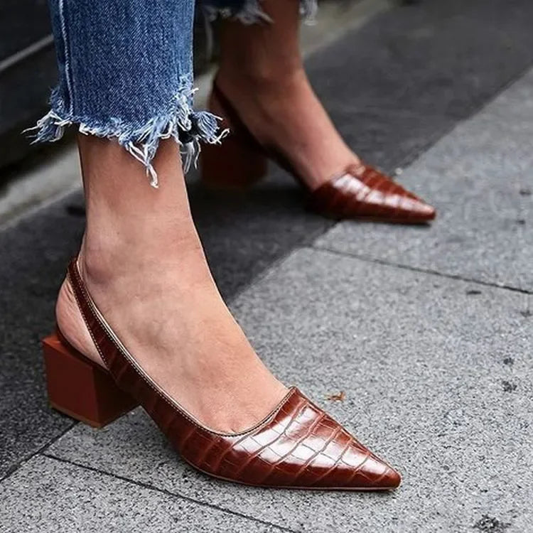 Women's Crocodile Pattern Low Block Heel Leather Pumps – Elegant Comfort Shoes