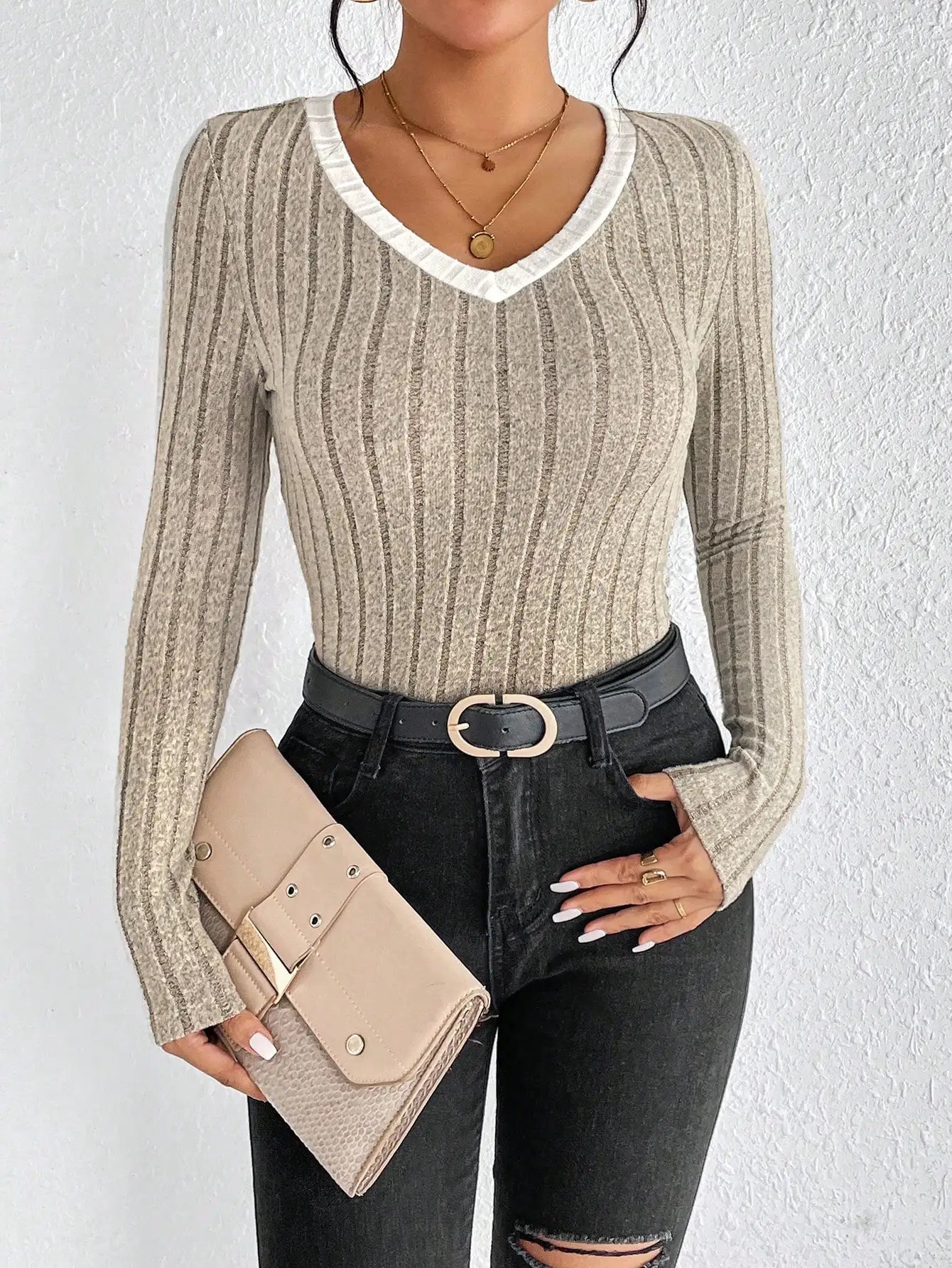 Slim Sexy V-Neck Neck Edge Clash Pullover Top Women