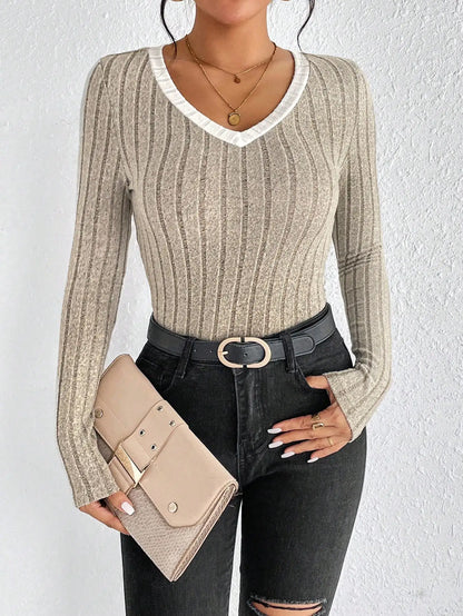Slim Sexy V-Neck Neck Edge Clash Pullover Top Women