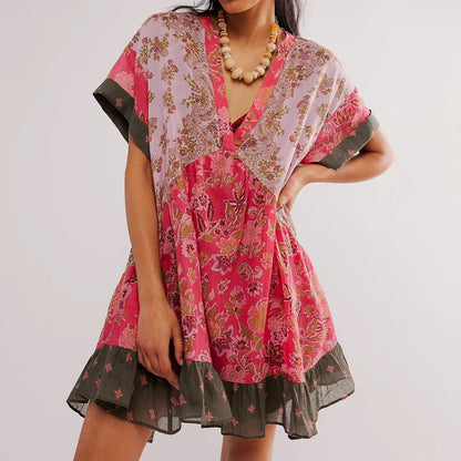 Summer Bohemian Babydoll Floral Print V-Neck Dress