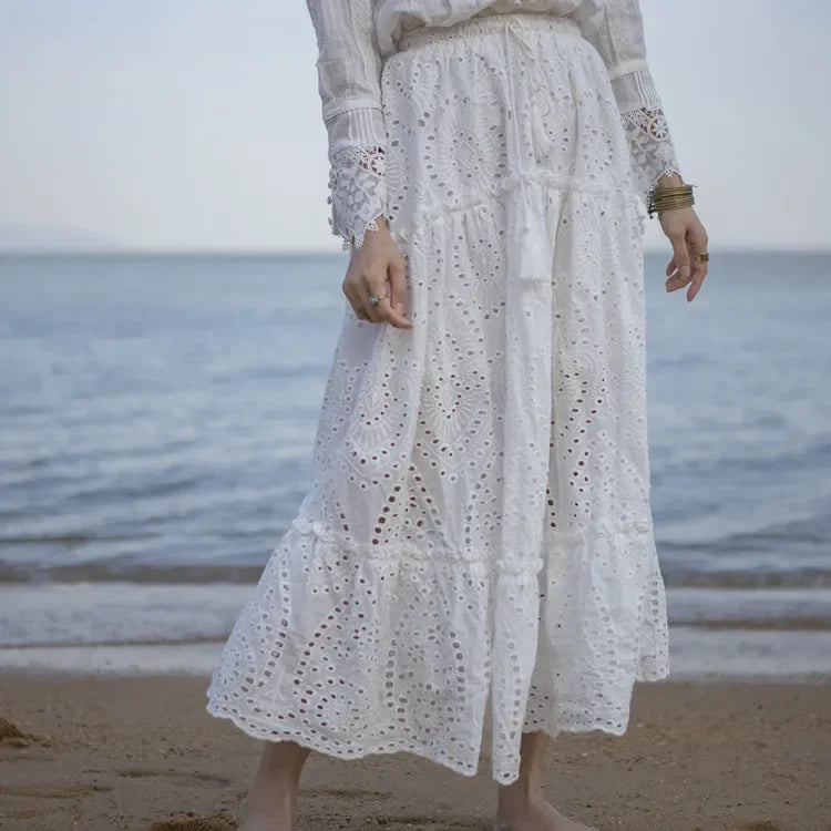 Women's Summer Cotton Full Lace Midi Skirt A-line Boho Vacation