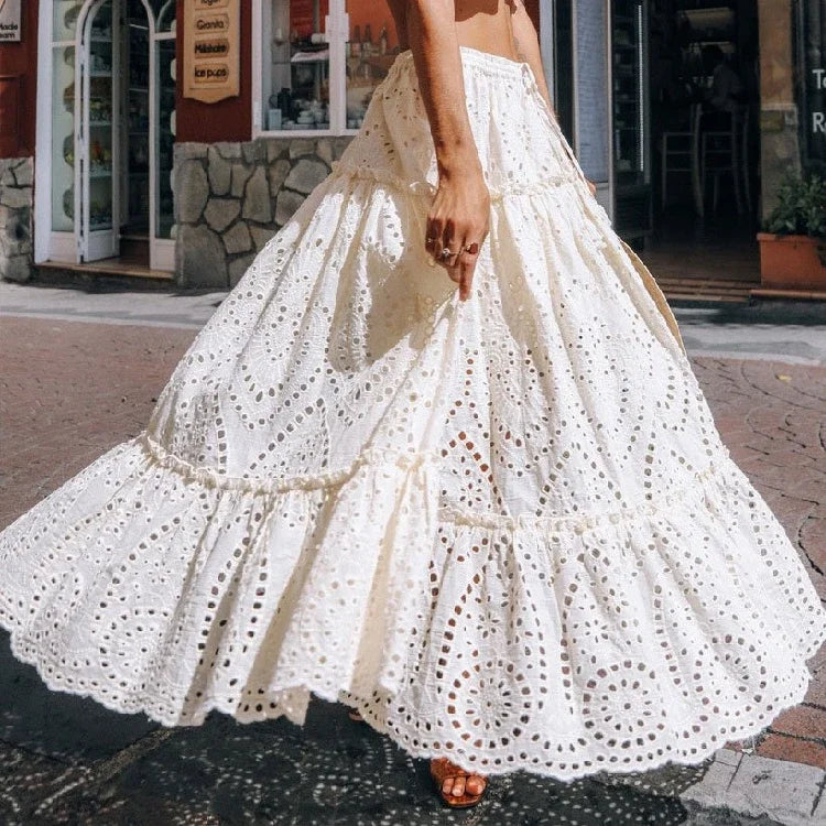 Women's Summer Cotton Full Lace Midi Skirt A-line Boho Vacation