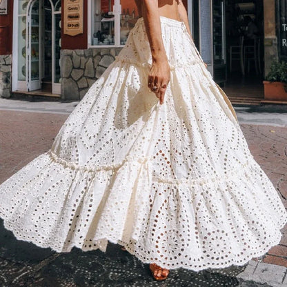 Women's Summer Cotton Full Lace Midi Skirt A-line Boho Vacation