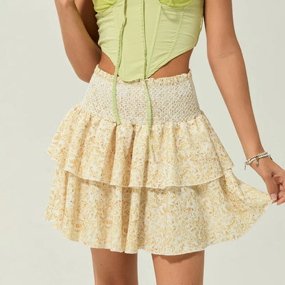 Shirred Floral Layered Ruffle Skirt