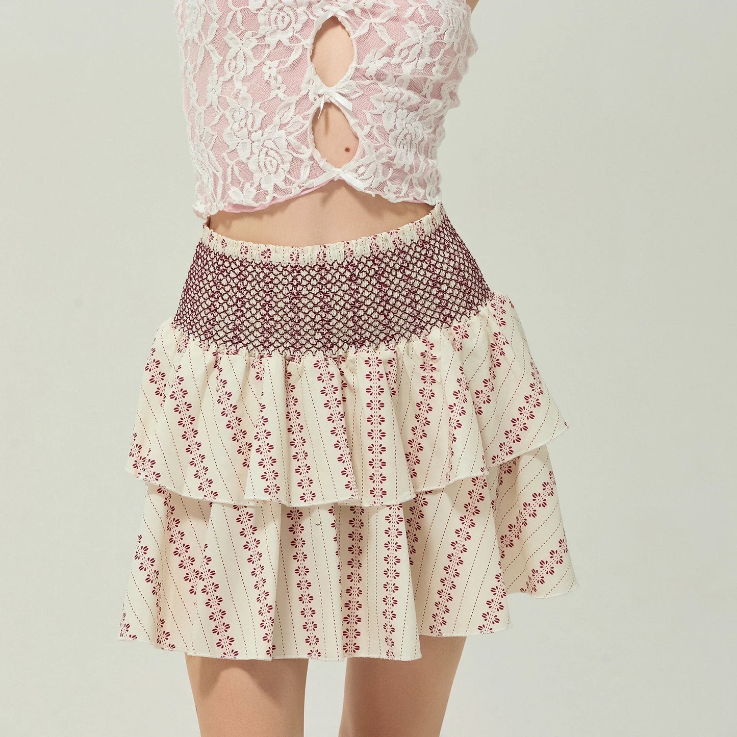 Shirred Floral Layered Ruffle Skirt