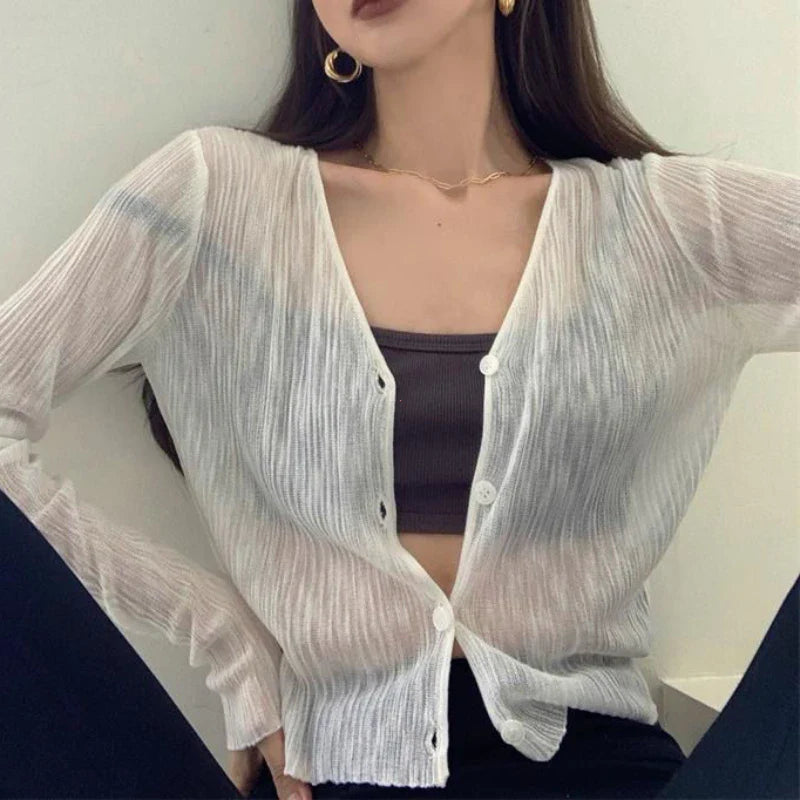 V-Neck Thin Long Sleeve Sunscreen Casual Black White Cardigan