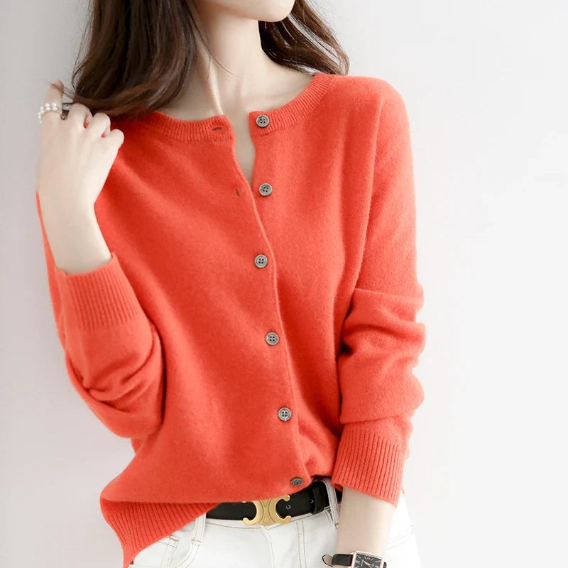 Short Slim O-Neck Single Breasted Gold Camel Knit Cardigan