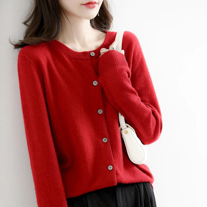 Short Slim O-Neck Single Breasted Gold Camel Knit Cardigan