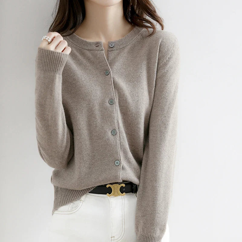 Short Slim O-Neck Single Breasted Gold Camel Knit Cardigan