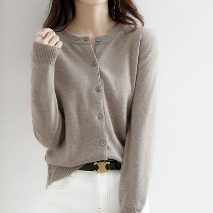 Short Slim O-Neck Single Breasted Gold Camel Knit Cardigan