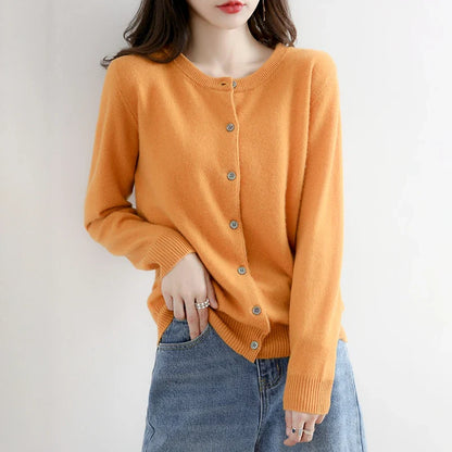 Short Slim O-Neck Single Breasted Gold Camel Knit Cardigan