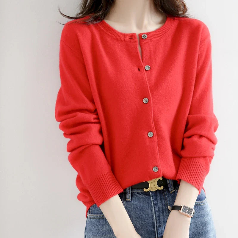 Short Slim O-Neck Single Breasted Gold Camel Knit Cardigan