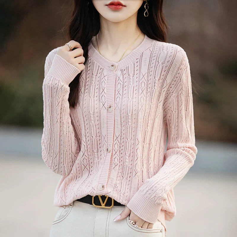 100% Cotton Slim O-Neck Knitted Cardigan