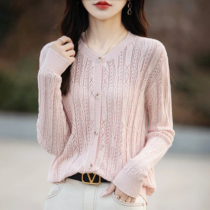 100% Cotton Slim O-Neck Knitted Cardigan