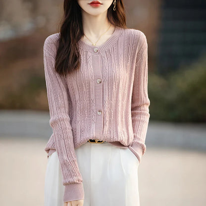 100% Cotton Slim O-Neck Knitted Cardigan