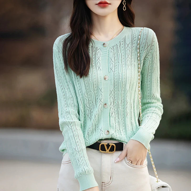 100% Cotton Slim O-Neck Knitted Cardigan