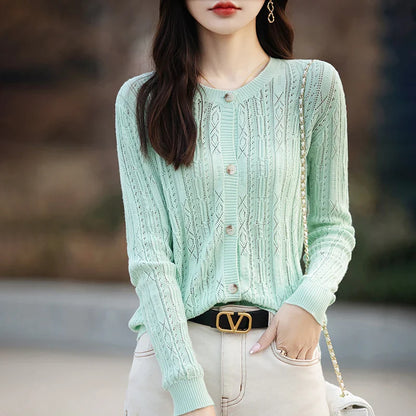 100% Cotton Slim O-Neck Knitted Cardigan