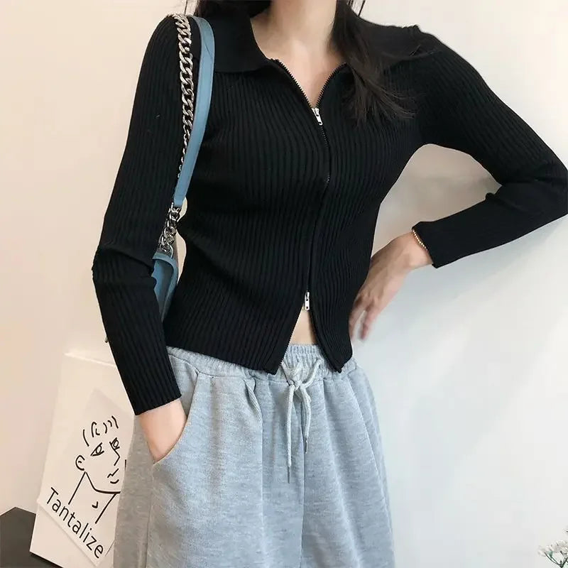 Slim Fit Polo Collar Double-Headed Zipper Knitted Cardigan