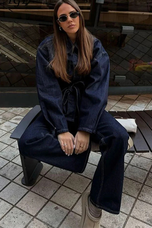 Women's Denim Two Piece Set Wide Leg