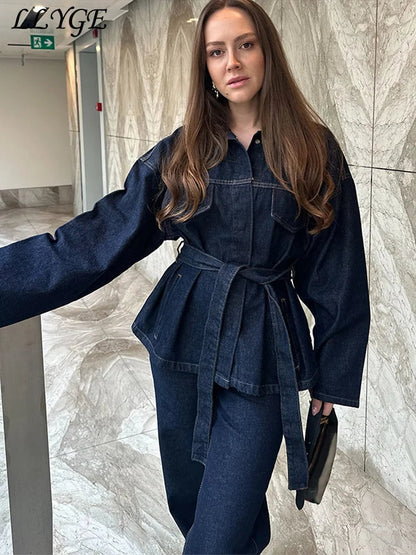 Women's Denim Two Piece Set Wide Leg