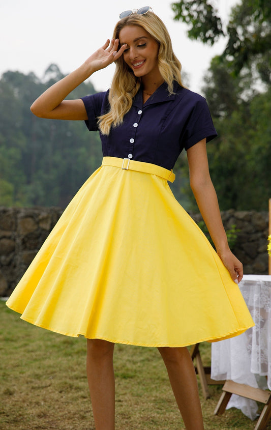 Short Sleeve Lapel Collar Button Front Belted Flared Midi Dress