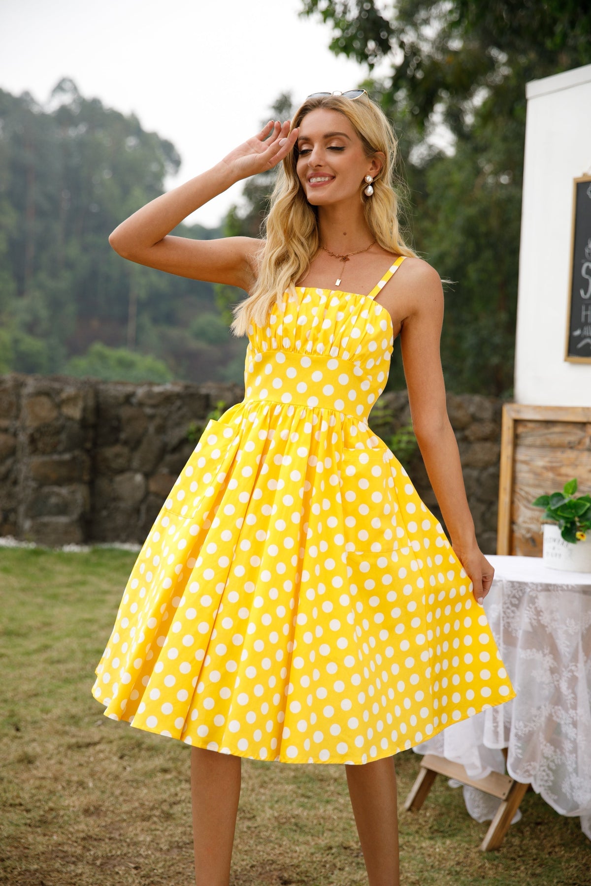 Polka Dot Square Neck Gathered Bust Fit and Flare Midi Dress