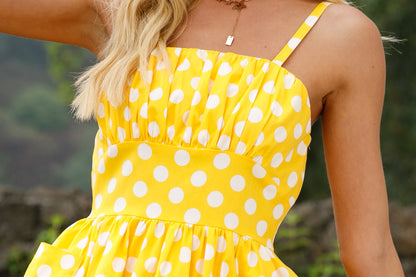 Polka Dot Square Neck Gathered Bust Fit and Flare Midi Dress