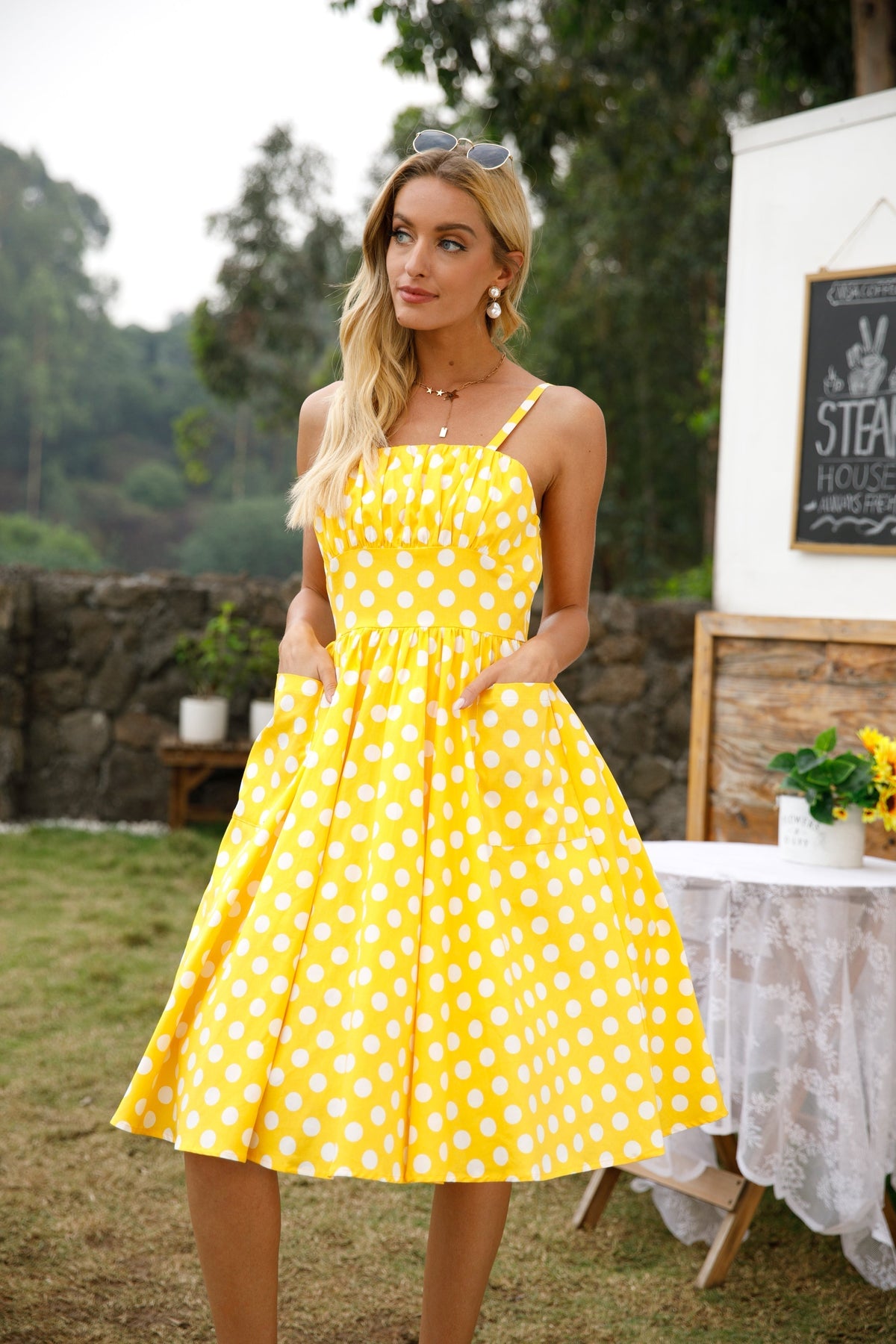 Polka Dot Square Neck Gathered Bust Fit and Flare Midi Dress