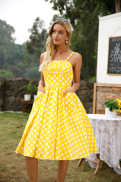 Polka Dot Square Neck Gathered Bust Fit and Flare Midi Dress