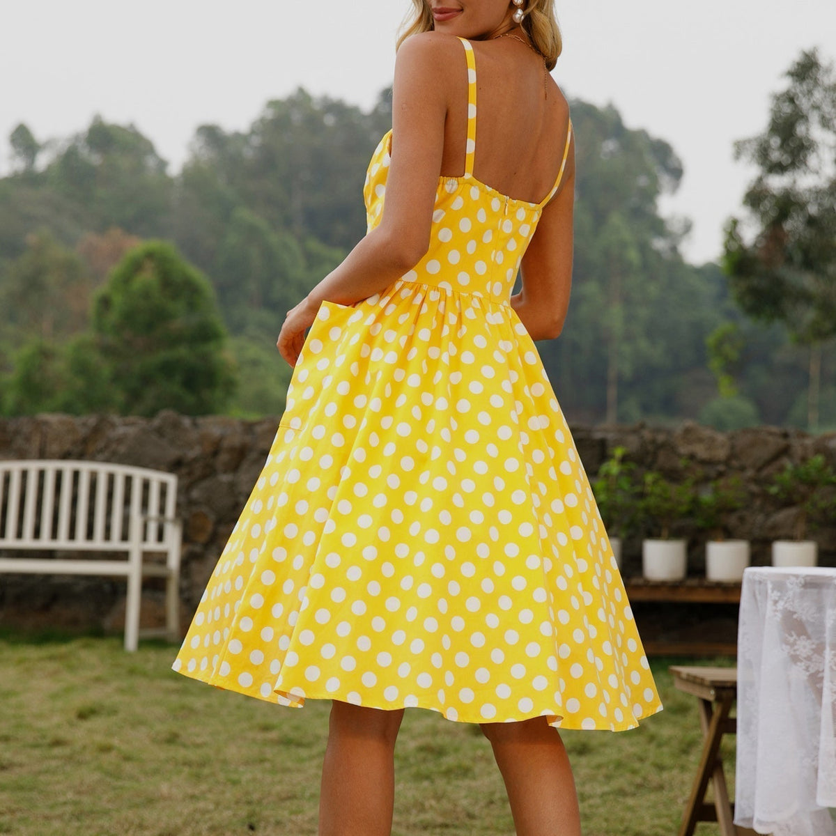 Polka Dot Square Neck Gathered Bust Fit and Flare Midi Dress
