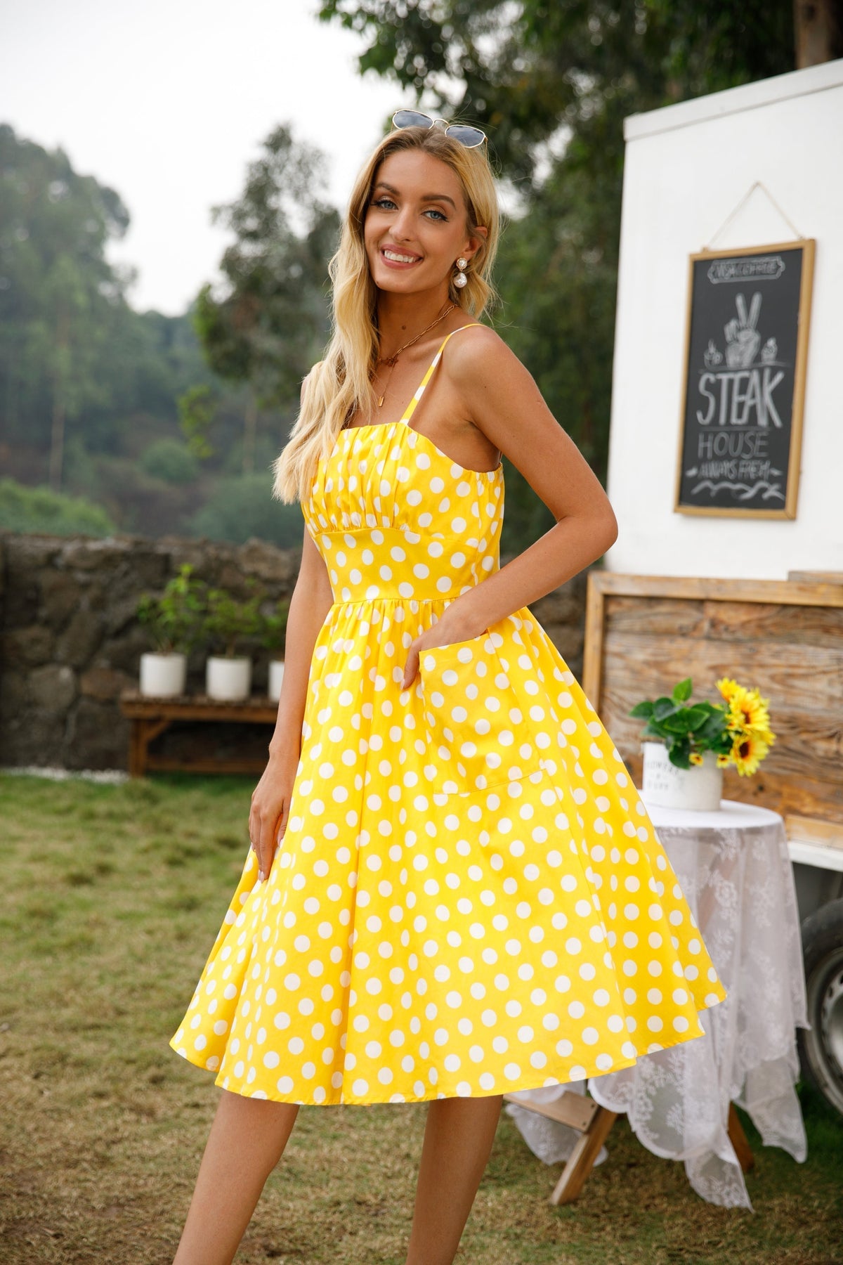 Polka Dot Square Neck Gathered Bust Fit and Flare Midi Dress