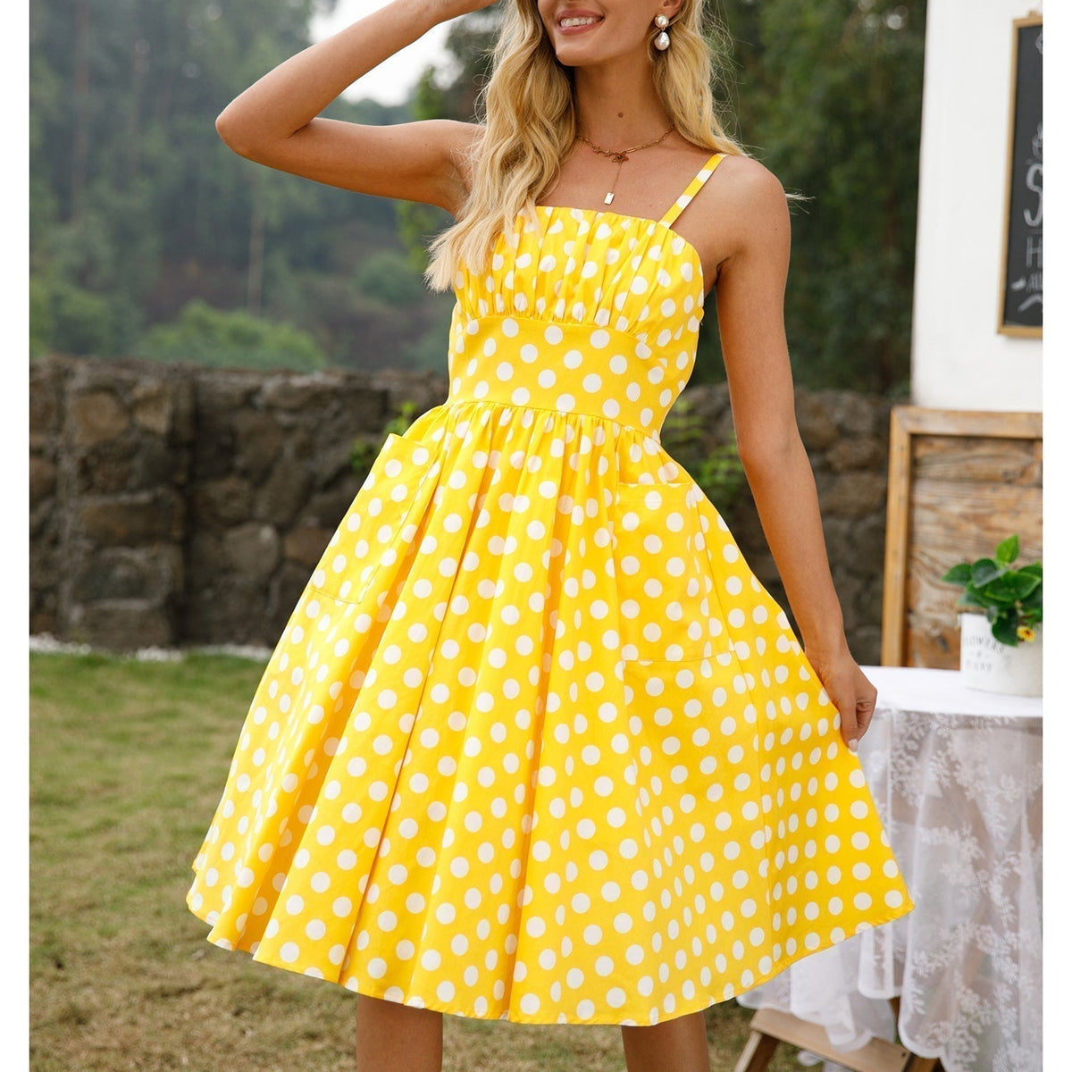 Polka Dot Square Neck Gathered Bust Fit and Flare Midi Dress