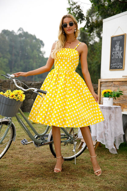 Polka Dot Square Neck Gathered Bust Fit and Flare Midi Dress