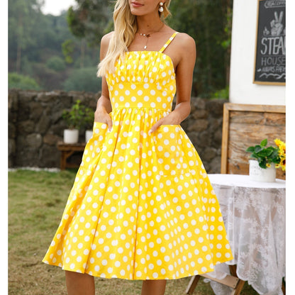 Polka Dot Square Neck Gathered Bust Fit and Flare Midi Dress