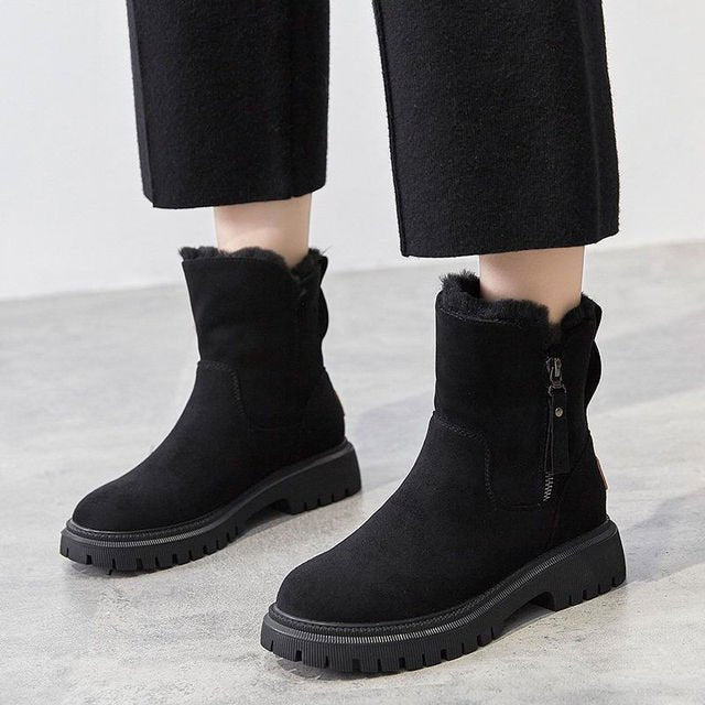 Women’s Black Ankle Winter Boots – Faux Fur Lined, Zip, Lug Sole