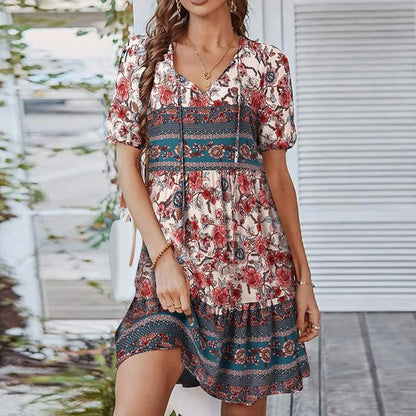 Boho Tie-up V Neck Floral Print Loose Dress