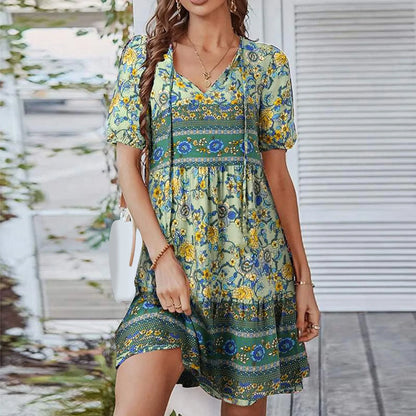 Boho Tie-up V Neck Floral Print Loose Dress