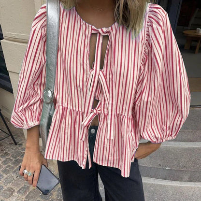 Puff Short Sleeve Peplum Tie Front Blouse